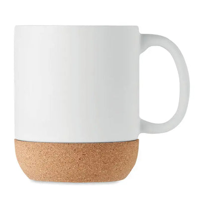Cană albă din ceramică mată cu bază naturală din plută 300 ml pentru băuturi calde