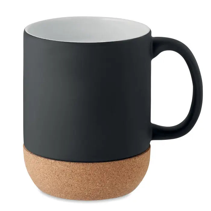 Cana din pluta ceramica mata 300 ml neagra cu interior alb si baza din pluta pentru bauturi calde