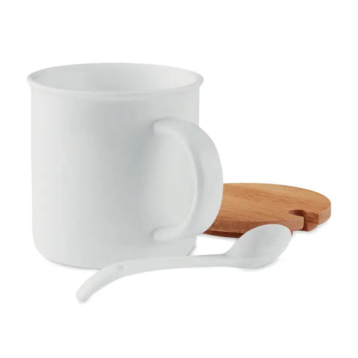 Cana din portelan alba cu lingura si capac din lemn pentru ceai sau cafea