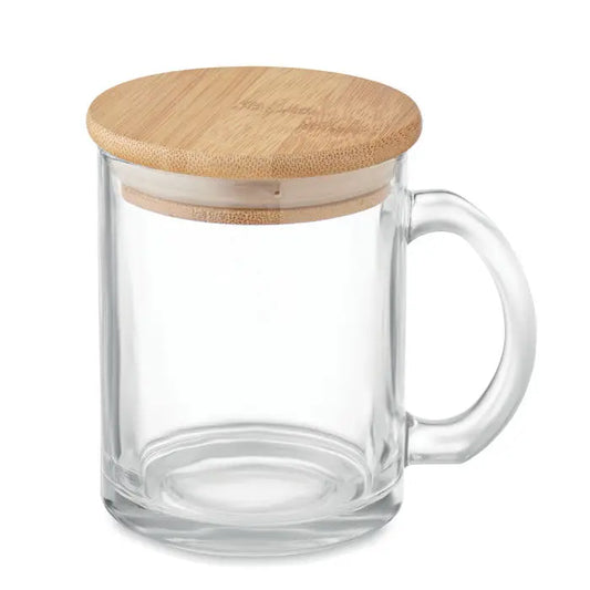 Cană din sticlă reciclată de 300 ml transparentă cu capac din bambus maro deschis