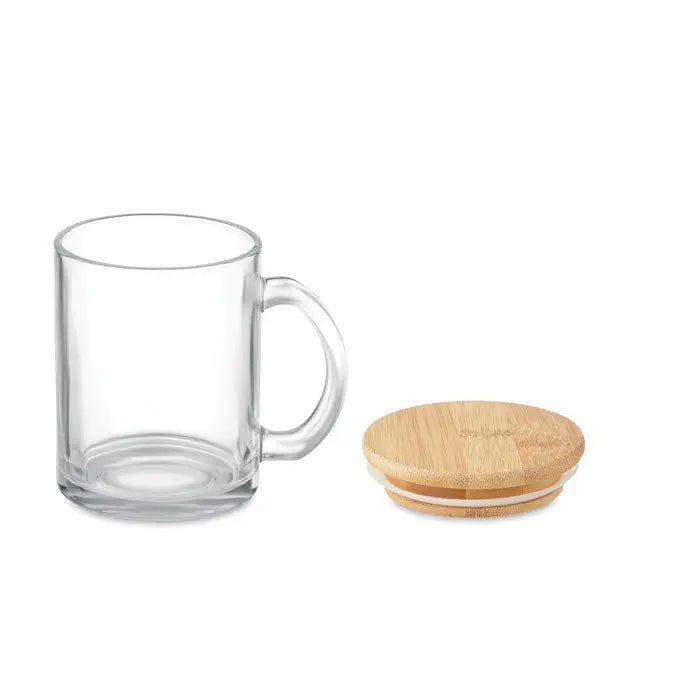 Cană din sticlă reciclată de 300 ml cu capac din bambus și design transparent clar