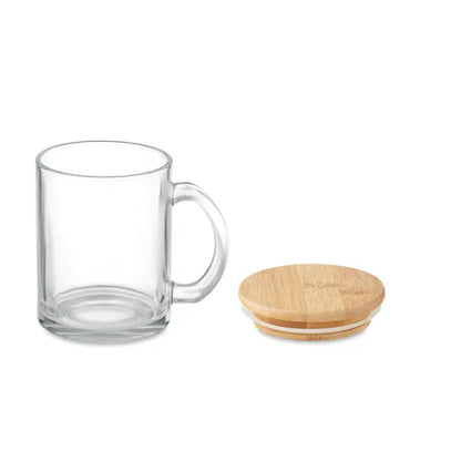 Cana din sticla reciclata 300 ml transparenta cu maner si capac din bambus pentru bauturi calde si reci