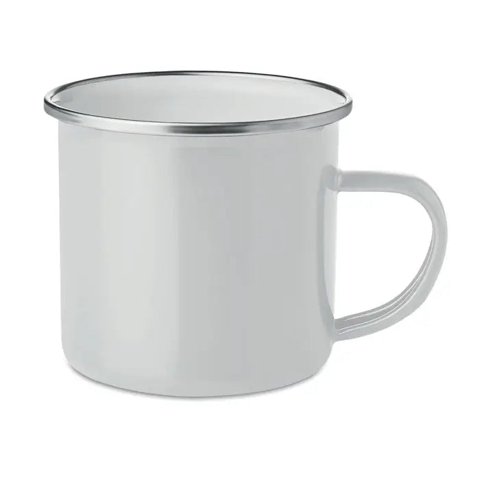 Cană email sublimare 350ml albă din email cu margine și mâner argintiu pentru camping