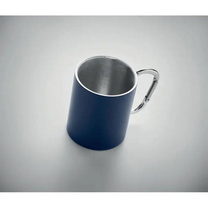 Cana metalica cu perete dublu 300 ml albastra cu maner carabiniera argintie pentru bauturi calde sau reci