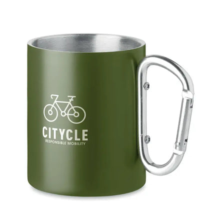 Cană metalică olive green izolată cu perete dublu 300 ml cu mâner carabinier argintiu și logo citycle bicicleta