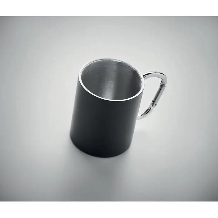 Cana metalica neagra din otel inoxidabil cu perete dublu si maner carabiniera argintiu 300 ml