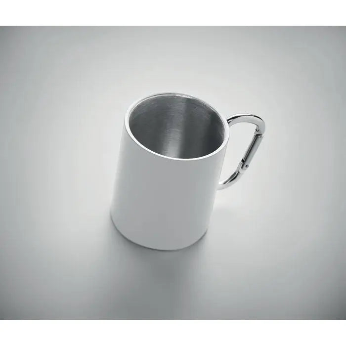 Cană metalică argintie din oțel inoxidabil cu perete dublu de 300 ml și mâner carabină pentru utilizare practică