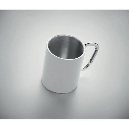 Cană metalică argintie din oțel inoxidabil cu perete dublu de 300 ml și mâner carabină pentru utilizare practică
