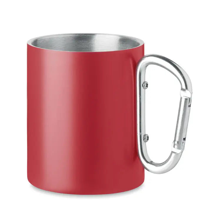 Cana metalica rosie din otel inoxidabil cu perete dublu si maner carabiniera argintie 300 ml
