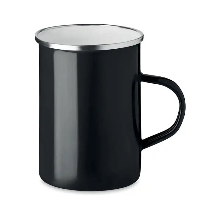 Cana metalica cu strat emailat neagra cu margine si maner argintii din metal pentru bauturi calde