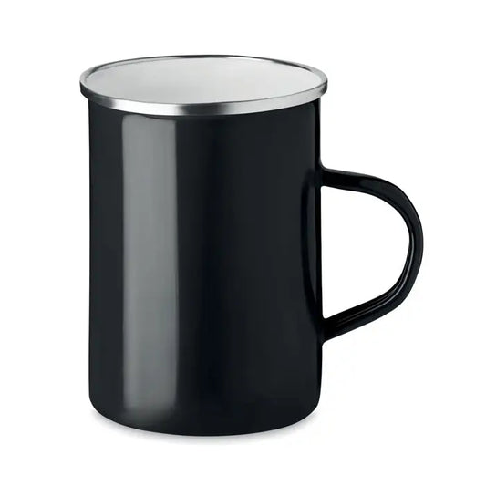 Cana metalica cu strat emailat neagra cu margine si maner argintii din metal pentru bauturi calde