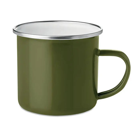 Cana metalica cu strat emailat verde masliniu cu margine si maner argintii pentru camping
