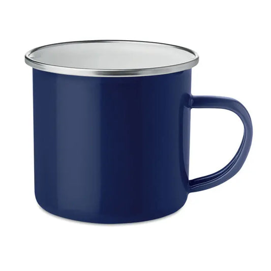 Cana metalica cu strat emailat albastru navy cu margine si maner argintiu pentru campare
