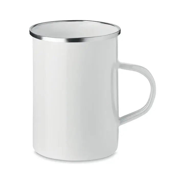Cana metalica cu strat emailat alba cu margine si maner argintii din metal pentru bauturi calde