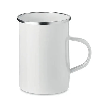 Cana metalica cu strat emailat alba cu margine si maner argintii din metal pentru bauturi calde