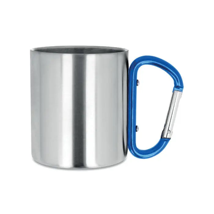 Cana metalica argintie din inox cu maner carabinier albastru intens pentru camping