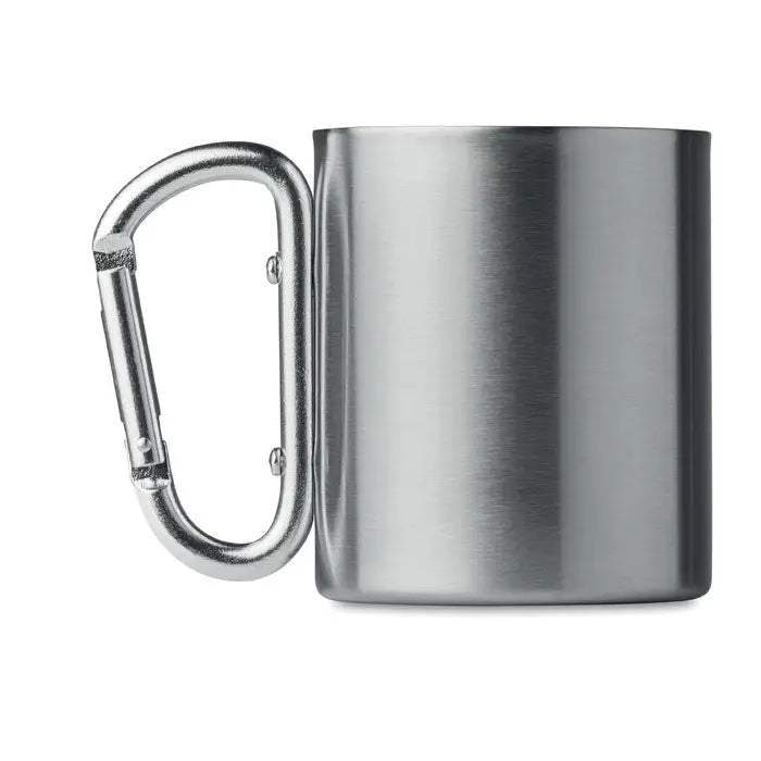 Cană metalică argintie din oțel inoxidabil cu mâner carabinier pentru agățare practică