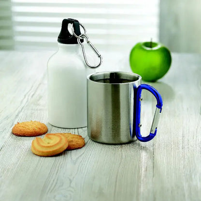 Cana metalica argintie din inox cu maner carabinier albastru pentru utilizare practica si portabila