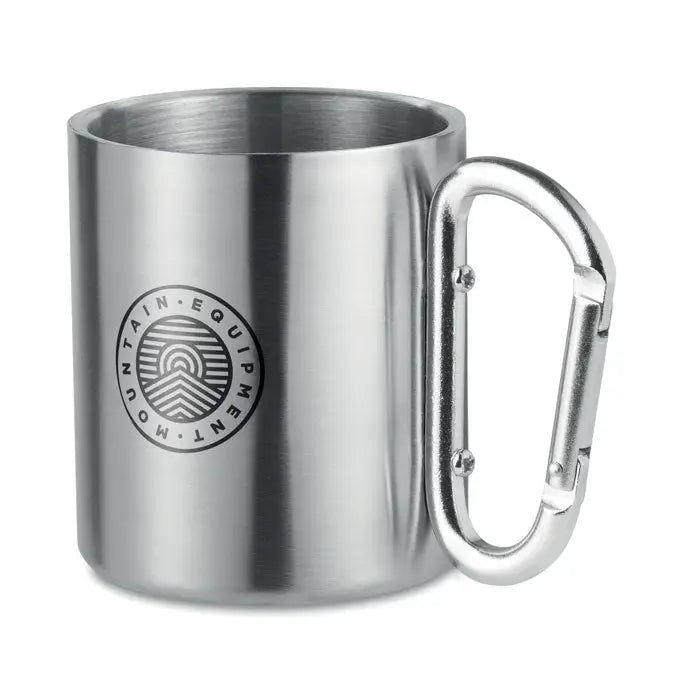 Cana metalica din otel inoxidabil argintiu cu maner carabinier si sigla circulara mountain equipment gravata