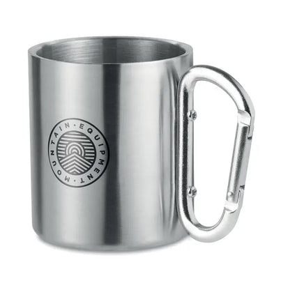 Cana metalica din otel inoxidabil argintiu cu maner carabinier si sigla circulara mountain equipment gravata