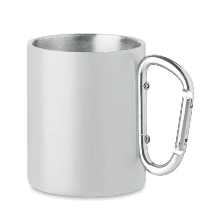 Cană metalică argintie din oțel inoxidabil cu mâner carabinier pentru agățare facilă
