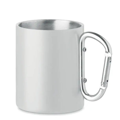 Cană metalică argintie din oțel inoxidabil cu mâner carabinier pentru agățare facilă