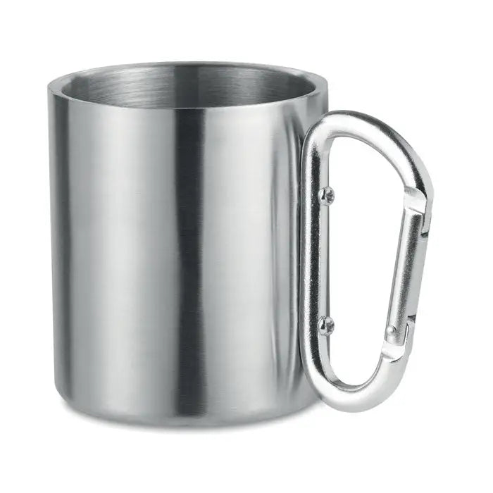 Cană metalică argintie din oțel inoxidabil cu mâner carabinier ideală pentru drumeții și camping