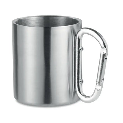 Cană metalică argintie din oțel inoxidabil cu mâner carabinier ideală pentru drumeții și camping