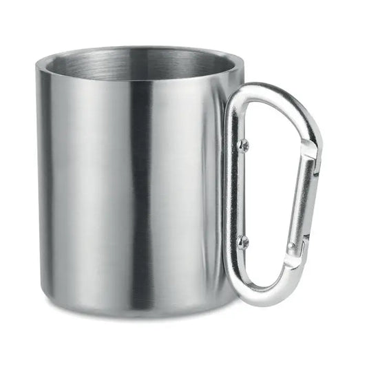 Cană metalică argintie din oțel inoxidabil cu mâner carabinier ideală pentru drumeții și camping