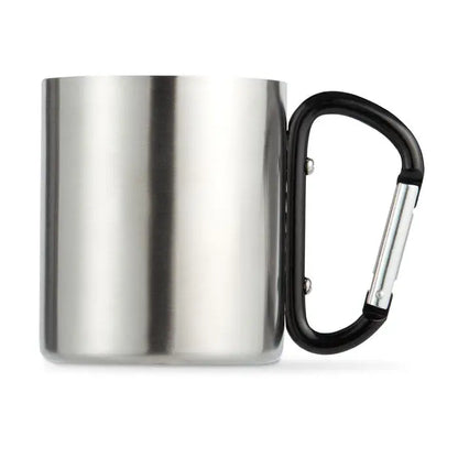 Cană metalică din oțel inoxidabil cu mâner carabinier negru ideală pentru drumeții și camping