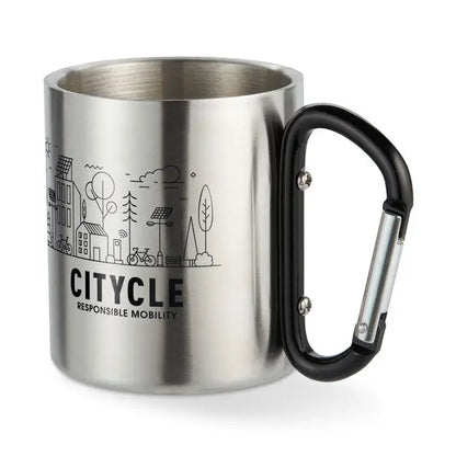Cană metalică argintie din oțel inoxidabil cu mâner carabinier negru și design minimalist urban citycle responsible mobility