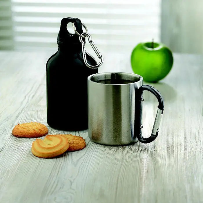 Cana metalica din inox cu maner carabinier negru si agatatoare pentru chei asortata