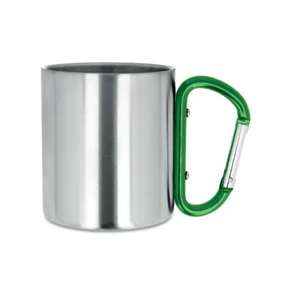 Cană metalică argintie din oțel inoxidabil cu mâner carabinier verde pentru camping