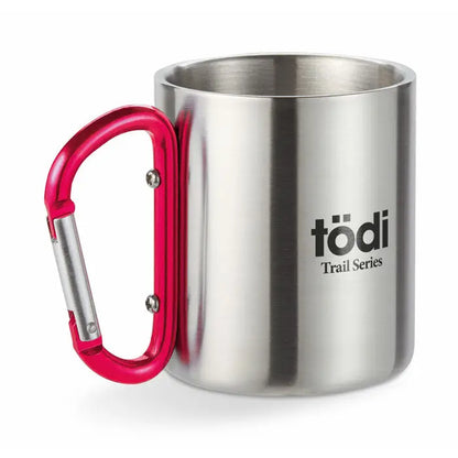 Cana metalica din otel inoxidabil cu maner carabinier rosu si branding tödi trail series negru