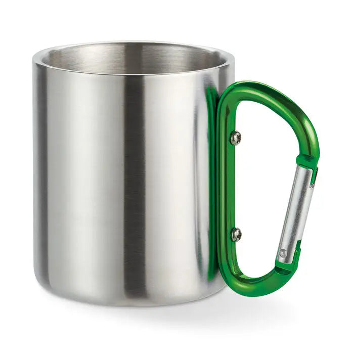 Cana metalica din inox cu maner carabinier verde vibrant pentru utilizare practica si portabila