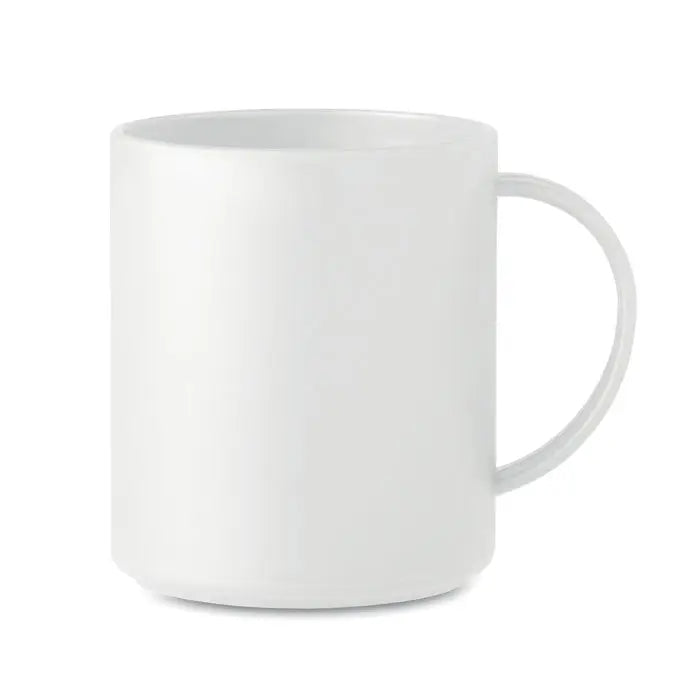 Cana reutilizabila 300 ml din ceramica alba cu finisaj lucios si maner simplu curbat