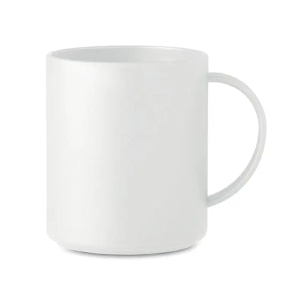 Cana reutilizabila 300 ml din ceramica alba cu finisaj lucios si maner simplu curbat