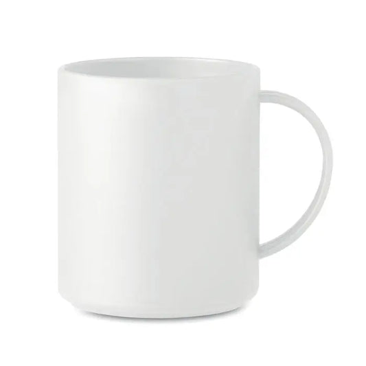 Cana reutilizabila 300 ml din ceramica alba cu finisaj lucios si maner simplu curbat