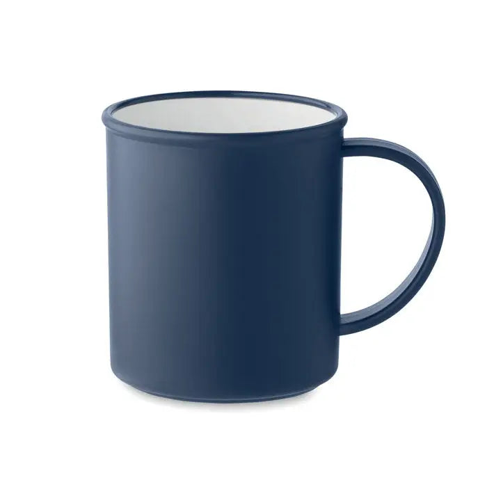 Nava albastra cana reutilizabila 300 ml cu interior alb si maner rotund din email