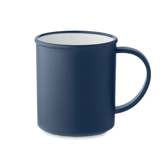 Nava albastra cana reutilizabila 300 ml cu interior alb si maner rotund din email
