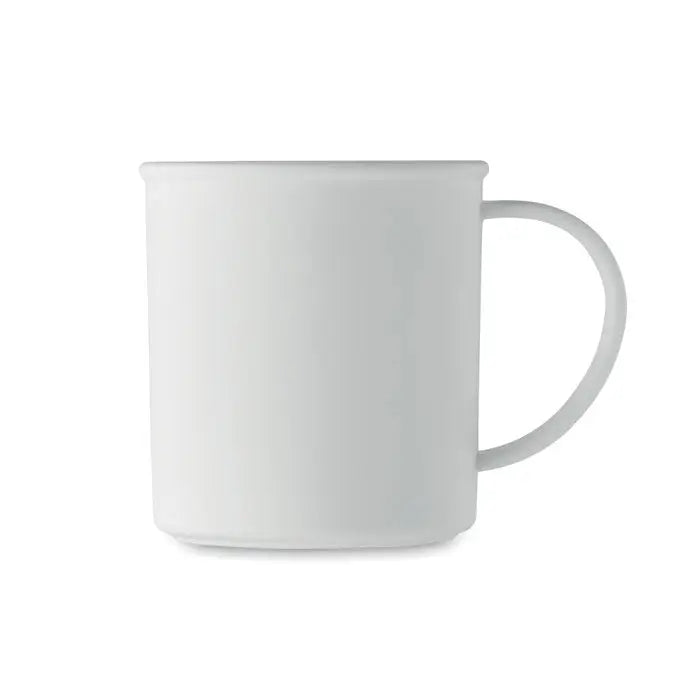 Cană reutilizabilă 300 ml albă din ceramică cu design minimalist și mâner rotunjit neted