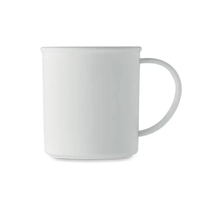 Cană reutilizabilă 300 ml albă din ceramică cu design minimalist și mâner rotunjit neted