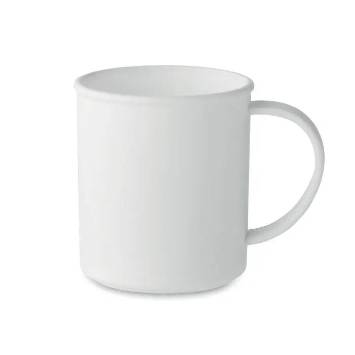 Cana reutilizabila alba din ceramica cu finisaj lucios si maner curbat simplu capacitate 300 ml