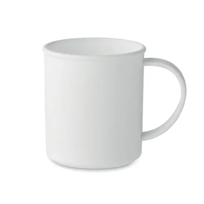 Cana reutilizabila alba din ceramica cu finisaj lucios si maner curbat simplu capacitate 300 ml