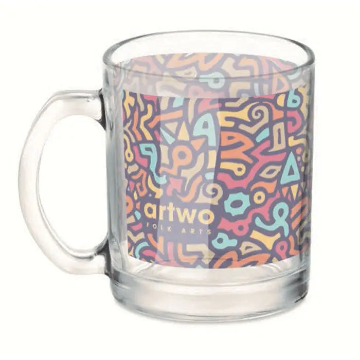 Cană sublimare sticlă 300ml cu model abstract colorat vibrant și logo artwo folk arts pe ceașcă transparentă