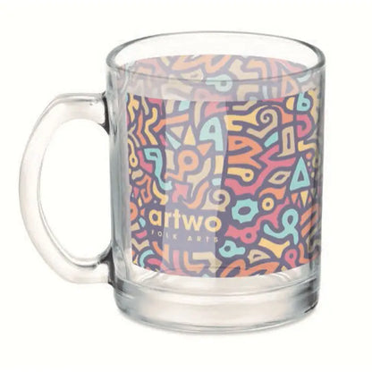 Cană sublimare sticlă 300ml cu model abstract colorat vibrant și logo artwo folk arts pe ceașcă transparentă