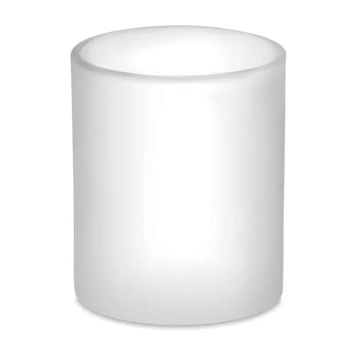 Un suport de lumânare cilindric alb mat din sticlă translucidă pentru cana sublimare 300ml