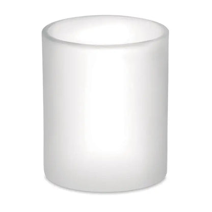 Un suport de lumânare cilindric alb mat din sticlă translucidă pentru cana sublimare 300ml