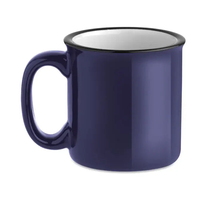 Cana vintage din ceramica 240 ml albastru închis cu margine neagră și interior alb ideală pentru băuturi calde