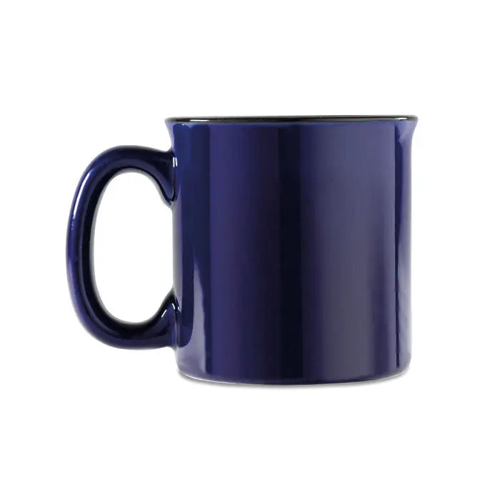 Cană vintage din ceramică de 240 ml, glazurată albastru închis cu mâner asortat și margine neagră